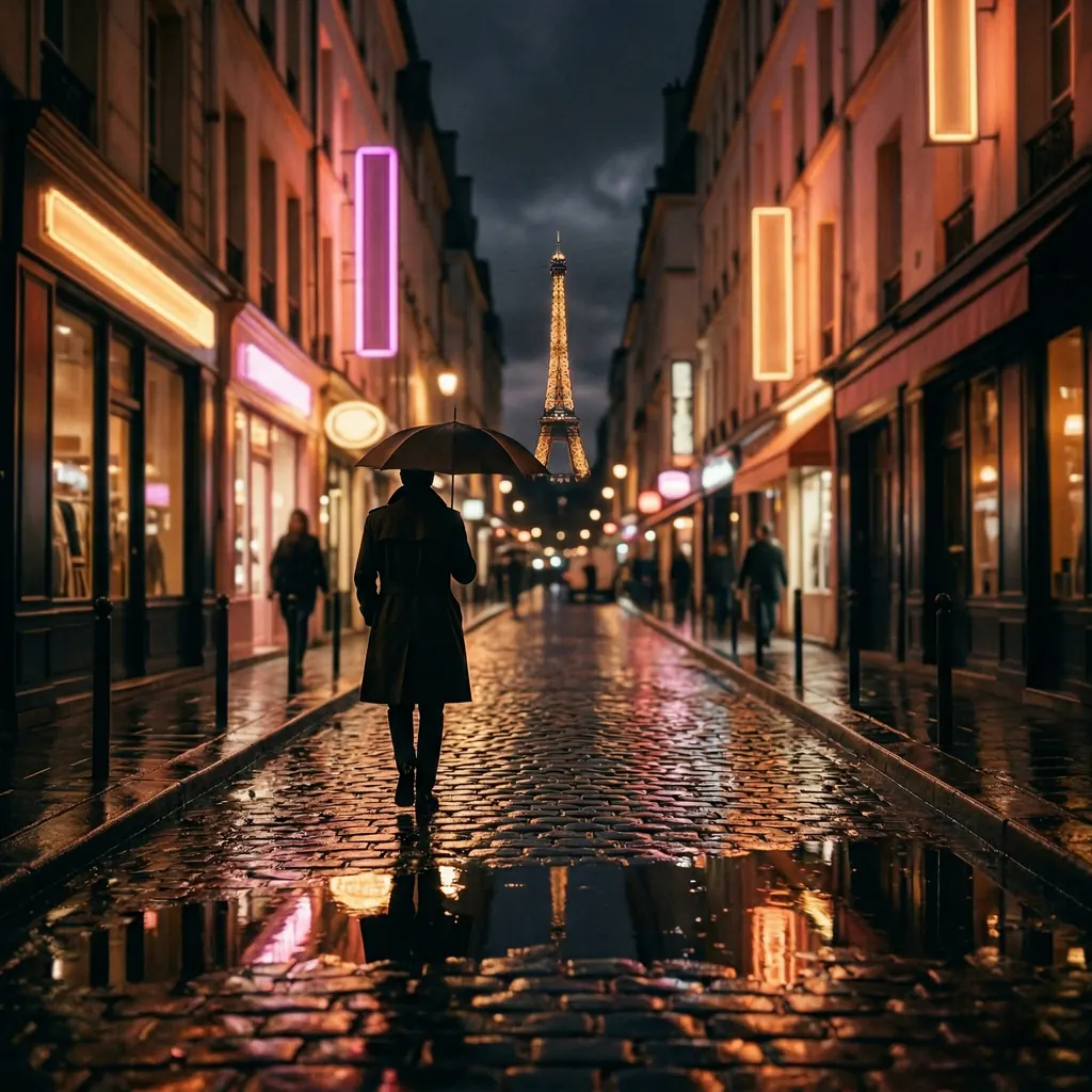 Rainy European side street with neon reflections and a solitary figure, cinematic German pop mood