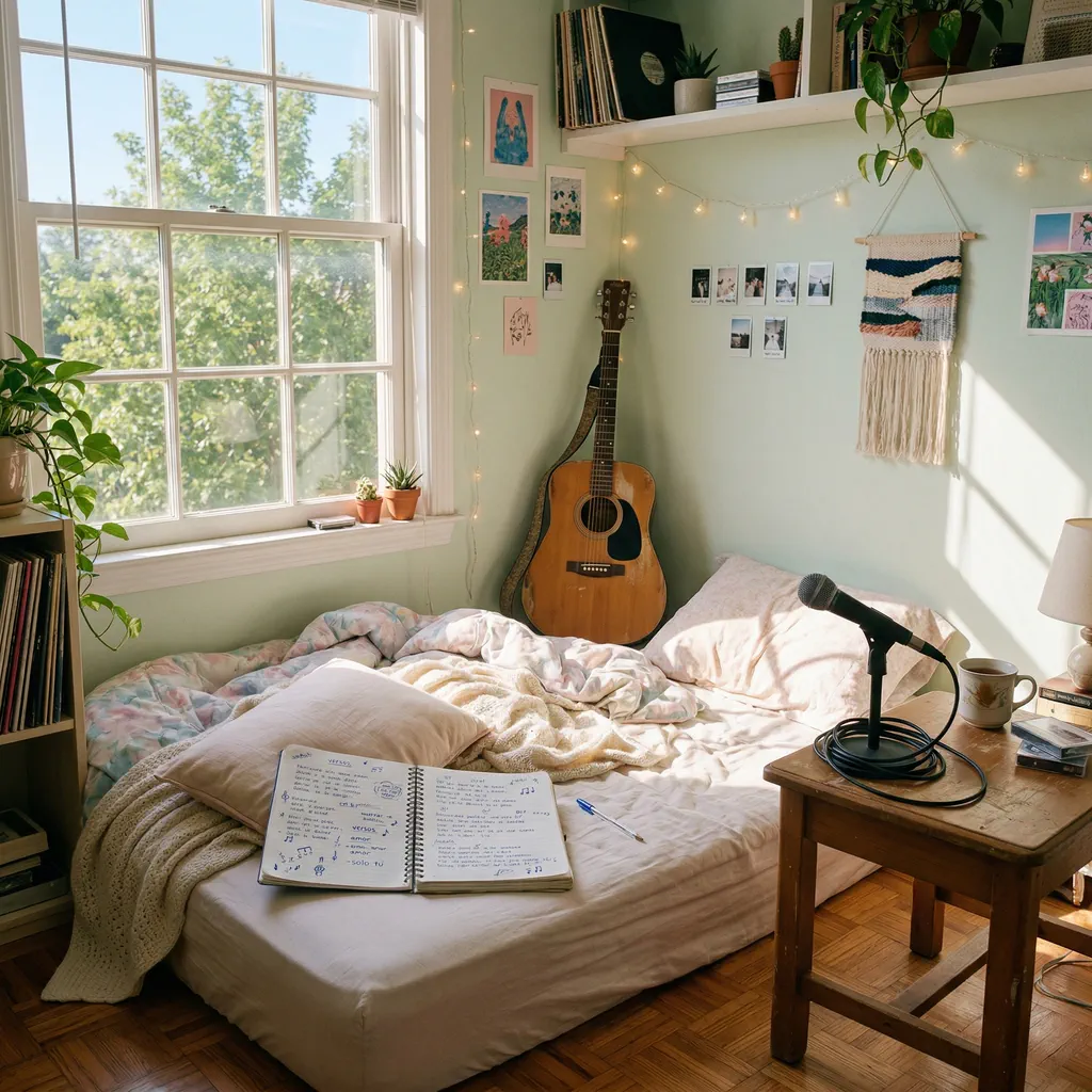 Cozy bedroom studio with lyric notebook and guitar in soft daylight, hopeful bedroom pop mood