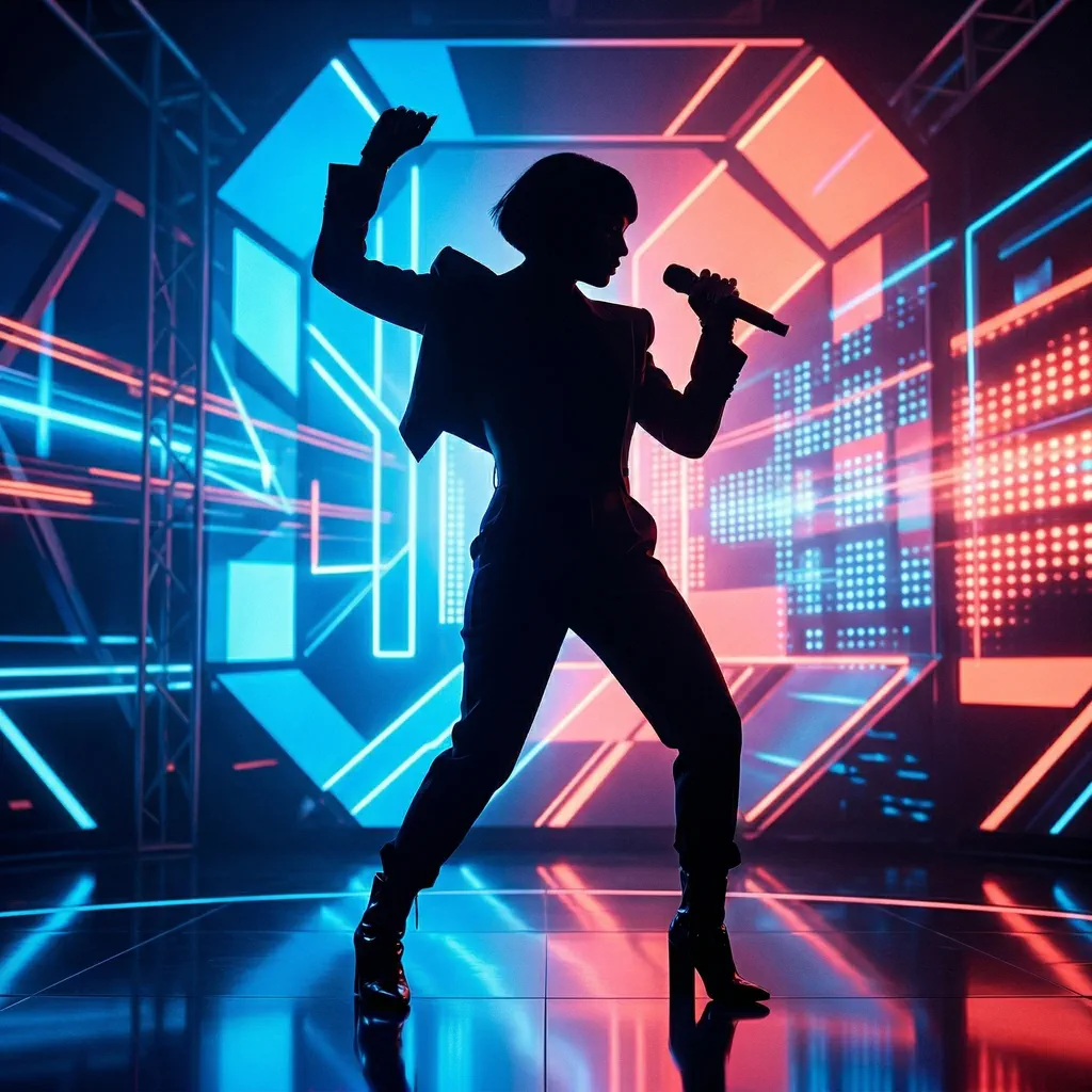 Bold singer silhouette under electric neon stage lights, glossy commercial pop energy