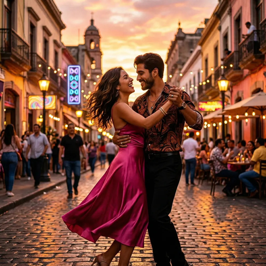 Couple dancing through a lantern-lit city street at sunset, romantic Spanish latin pop mood