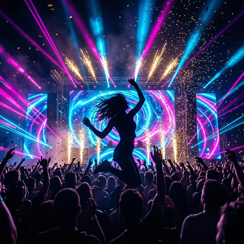 Festival crowd under bright neon stage visuals with a dancer in motion, euphoric dance-pop mood
