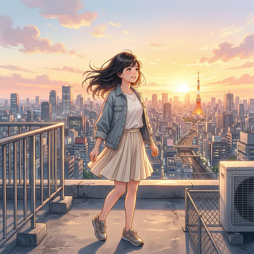 Young woman on a rooftop at sunrise above a Japanese city skyline, bright melodic J-pop mood